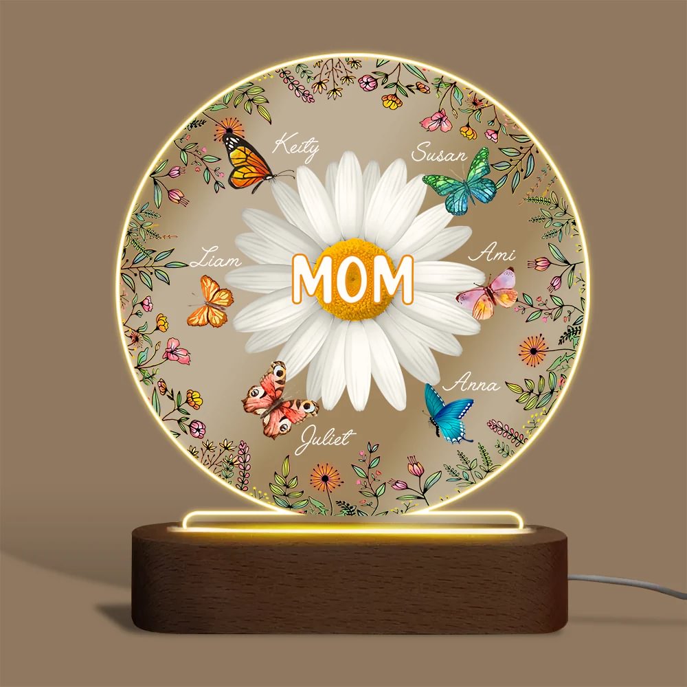 Mom/Grandma Flower With Kids - Personalized Round Acrylic LED Lamp - Best Gift For Mother, Grandma