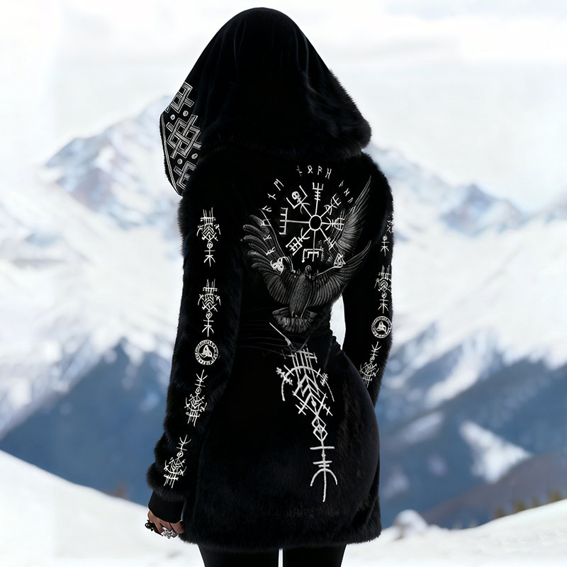 Women's Vintage Viking Bird Rune Design Flannel Hooded Zipper Jacket elevenforest