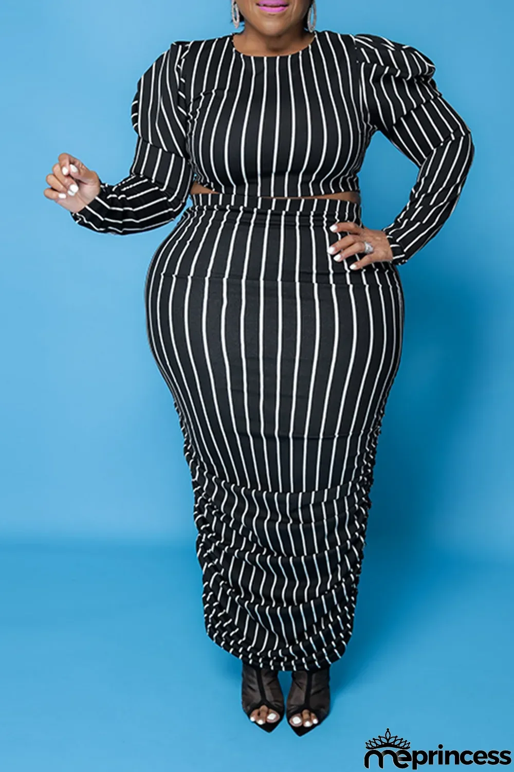 Yellow Casual Striped Split Joint O Neck Pencil Skirt Plus Size Two Pieces