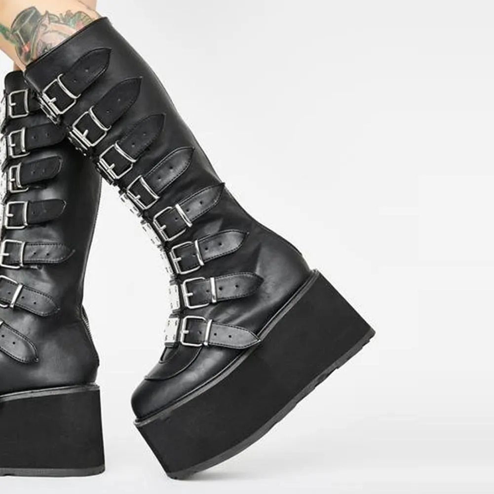 Big Size 48 Brand Design Platform Wedges Goth Black Mid Calf Motorcycle Boots Women Buckle Trendy Cool Punk Zipper Women Shoes