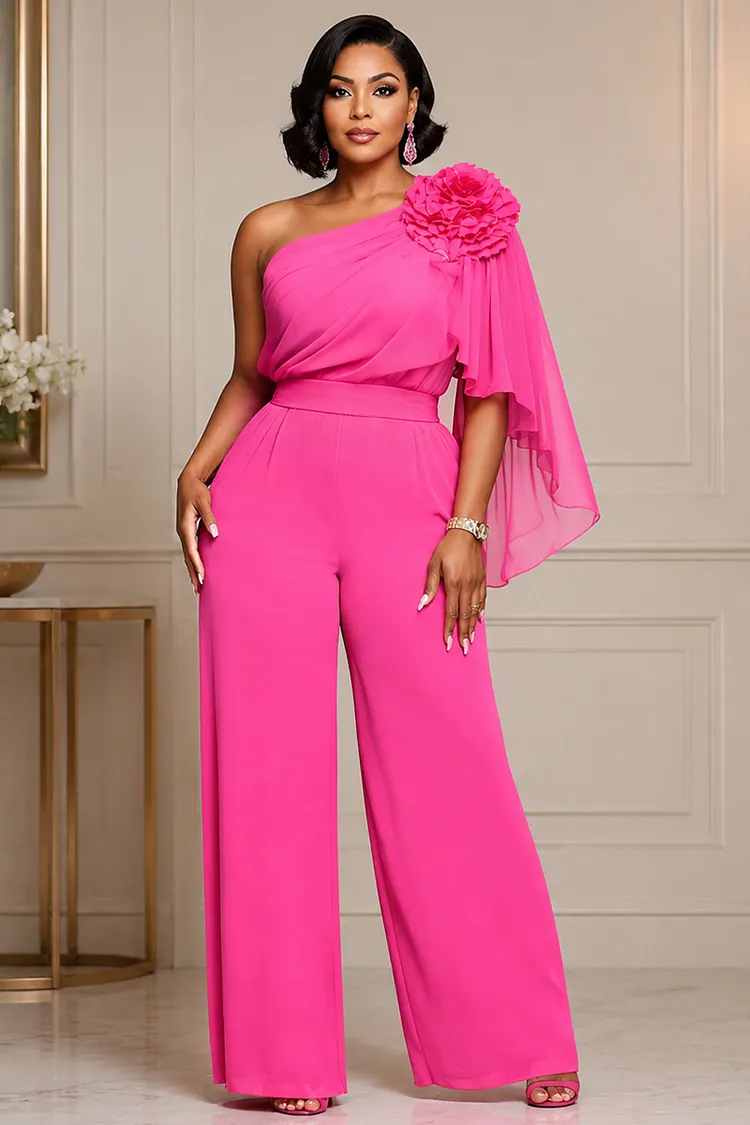 Xpluswear Design Plus Size Cocktail Party Hot Pink Oblique Collar One Shoulder Half Sleeve 3D Ruffle Chiffon Jumpsuits [Pre-Order] 2024 - Xpluswear