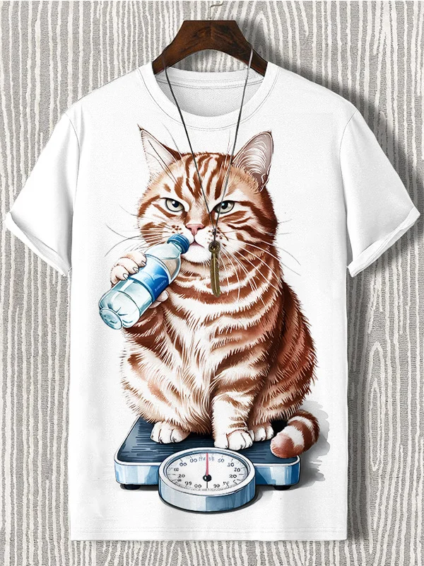Men's Cat Lose Weight Illustration Print Casual T-Shirt