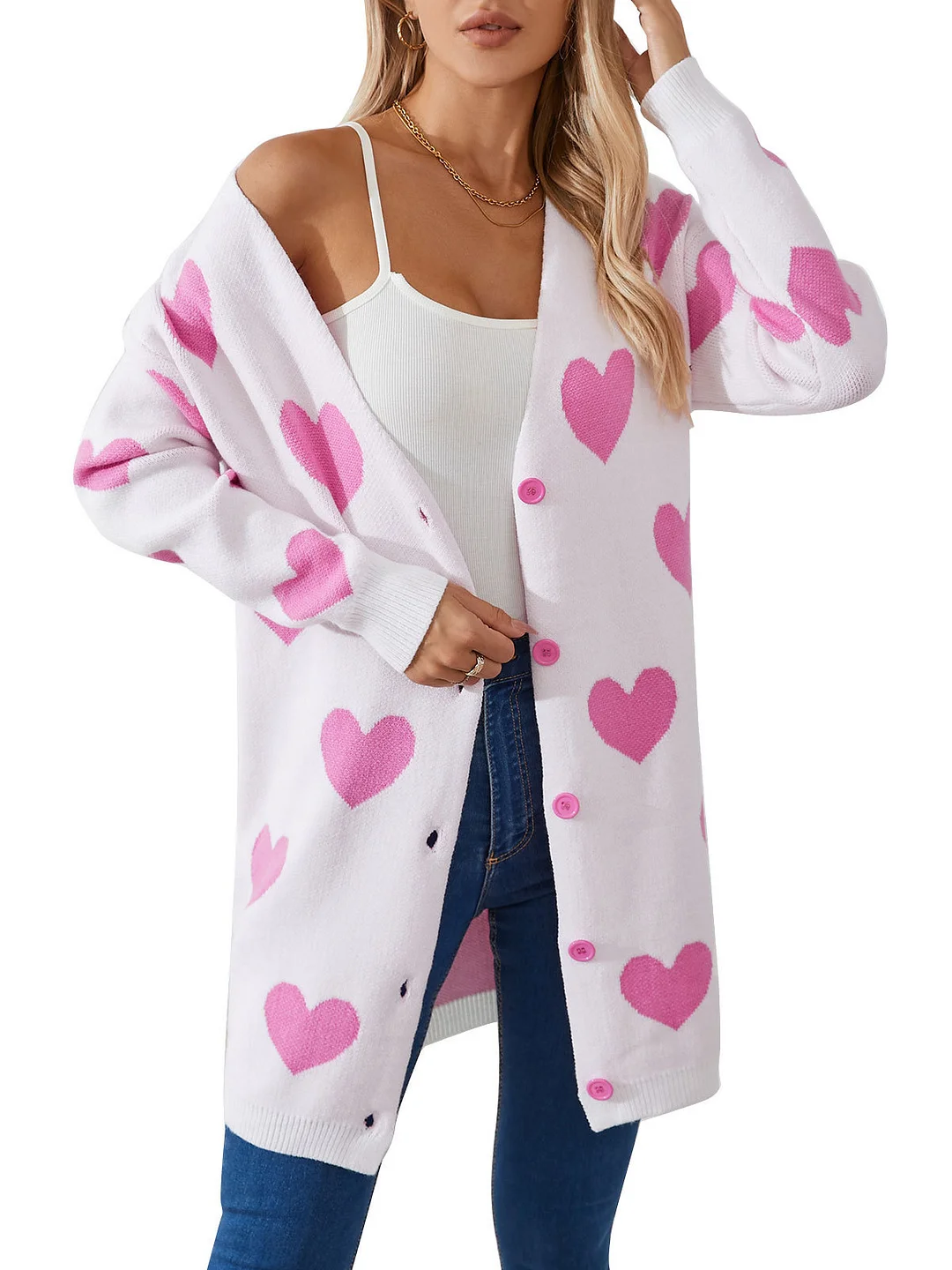 Athvotar Athvotar New Valentine's Day Love Knitted Cardigan V-Neck Button Long Coat Sweater Woman