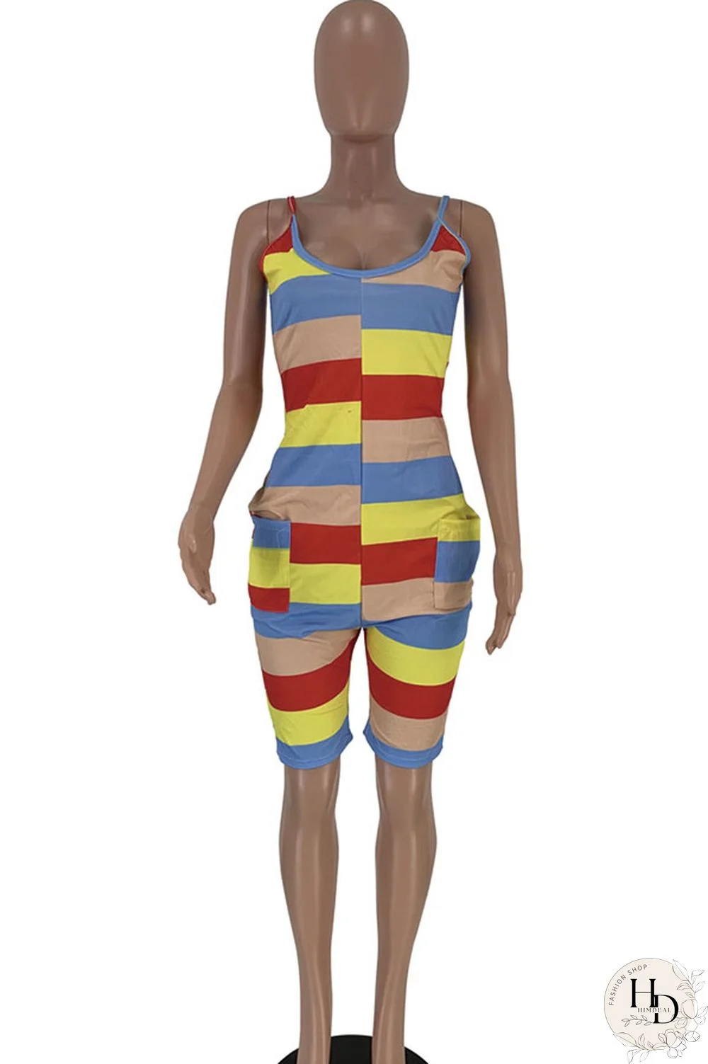 Green Sexy Fashion Patchwork Striped Print Polyester Sleeveless Slip Rompers