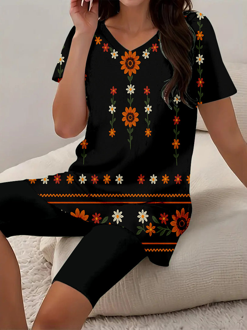 Women Long Sleeve V-neck Graphic Floral Printed Top