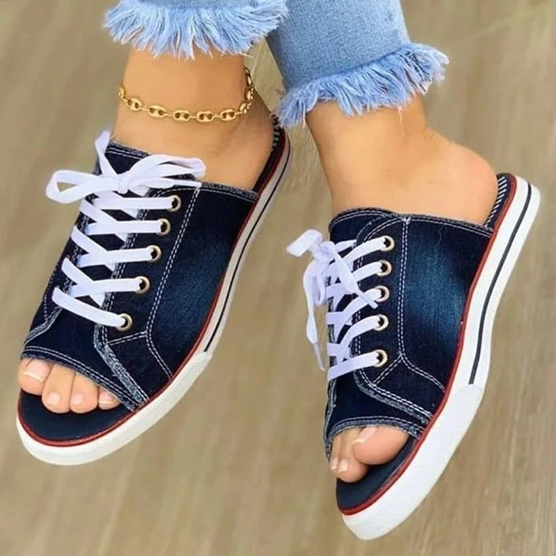 2022 Fashion Women Canvas Sandals Breathable Summer Slippers Lace Up Open Toe Ladies Faux Denim Flat Shoes Zapatos Mujer