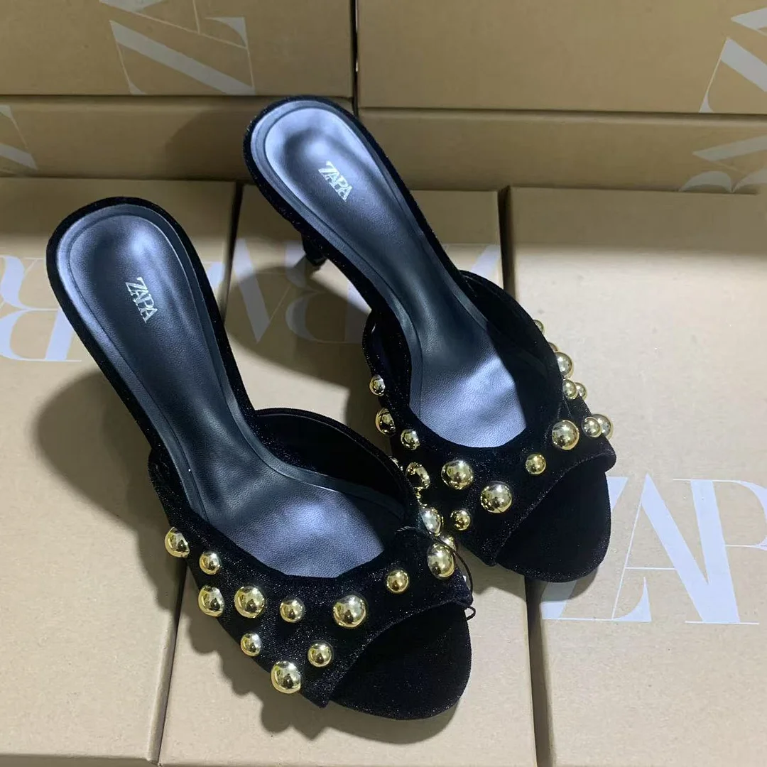 Breakj Breakj Spring New Rivet Slippers Black Women Wear Round-Headed High-Heeled Shoes