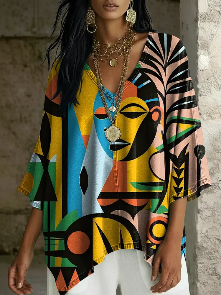 Women's Abstract Art Print V-neck Loose Shirt