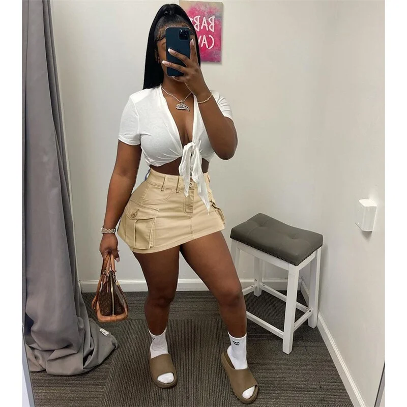 Women Solid Mini Cargo Skirts  High Waist Button Fly Side Pockets Bodycon Casual Skirt Spring Summer Streetwear