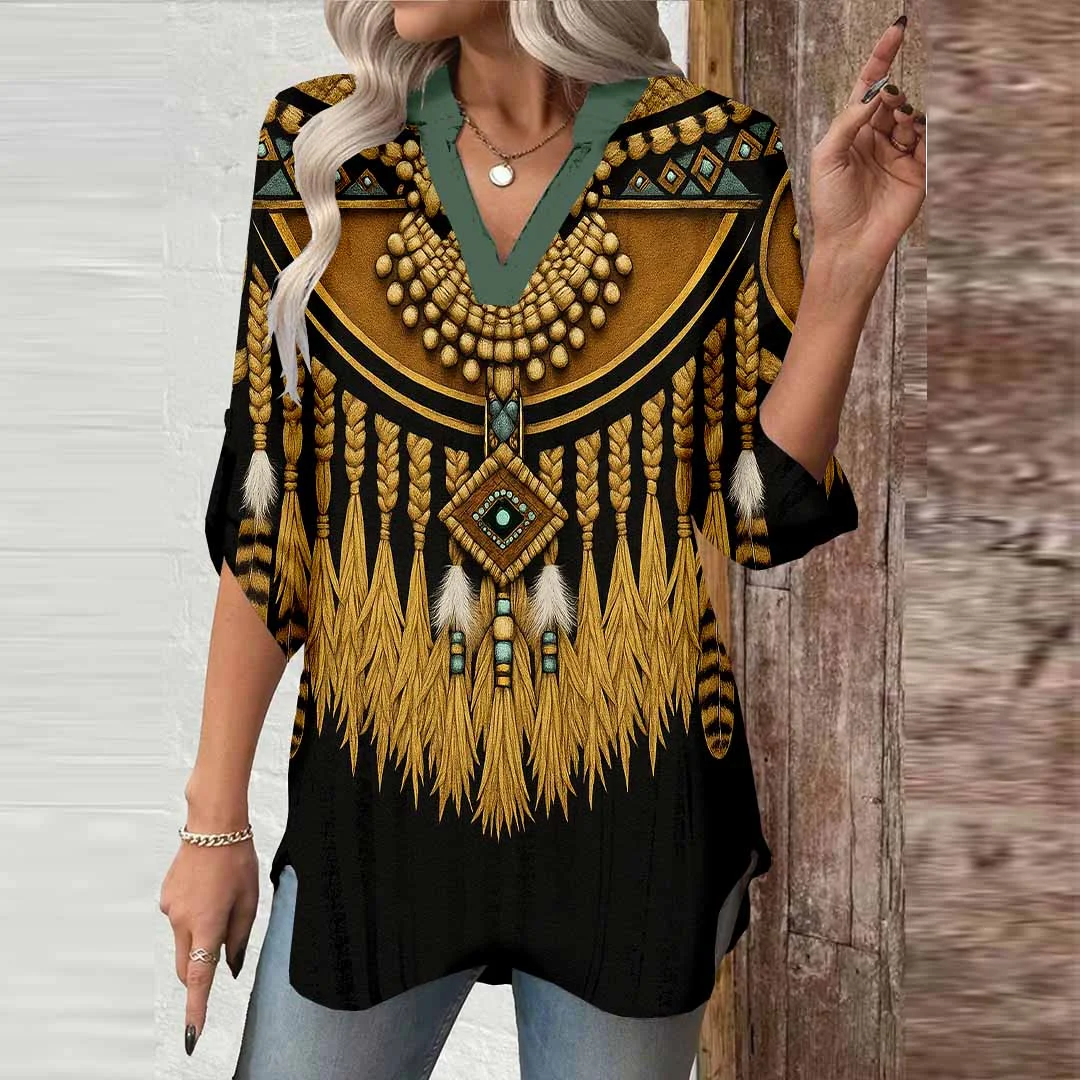 Women Western Milk, Black, Gold DZGA0378 3/4 Sleeve V-neck Printed Graphic Button Tops