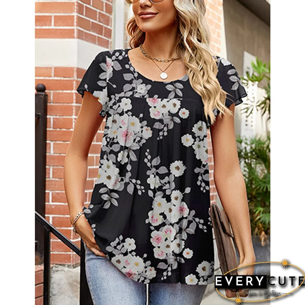 Pink Floral Print Splicing Mesh Tunic Tops