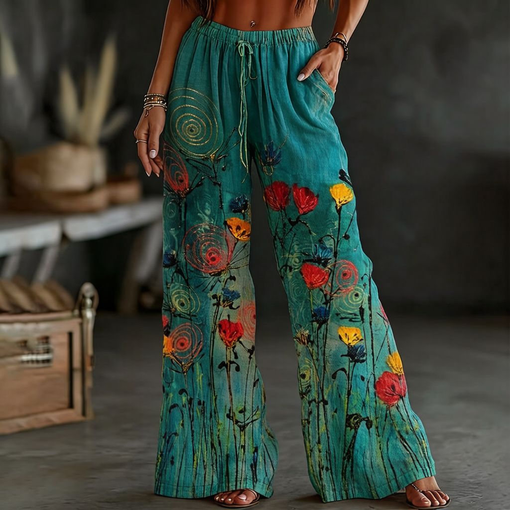 Women's Vintage Floral Pattern Art Print Flowy Linen Blend Art Linen Pants elevenforest