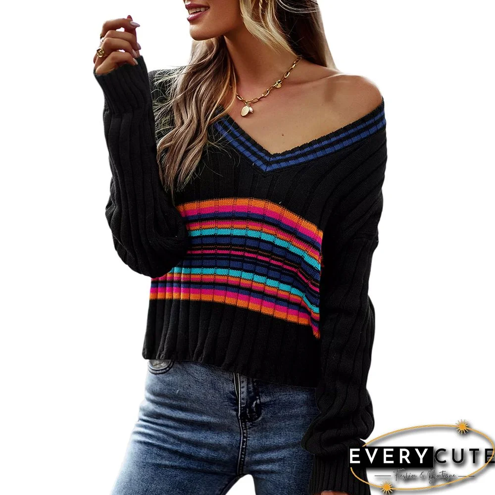 Black Splicing V Neck Pullover Sweater