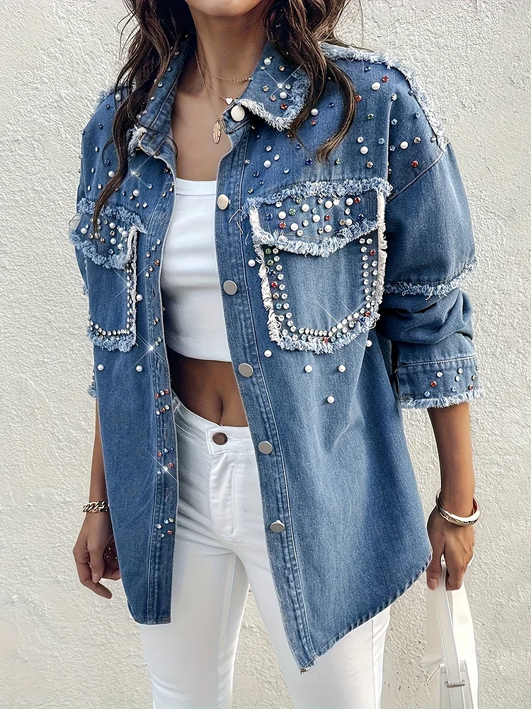 Women's Vintage-Inspired Denim Jacket With Rhinestone Fringe & Button Front - Oversized Long Sleeve, Colorful Star Accents, All-Season Casual Wear, Allseason Jacket | Vintageinspired Jacket | Rhinestone Embellishment