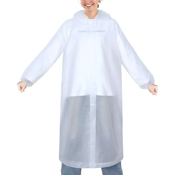 EVA Rain Poncho, Reusable Rain Ponchos for Adults, Unisex Rain Coat with Hood and Elastic Cuff Sleeves White-2pk