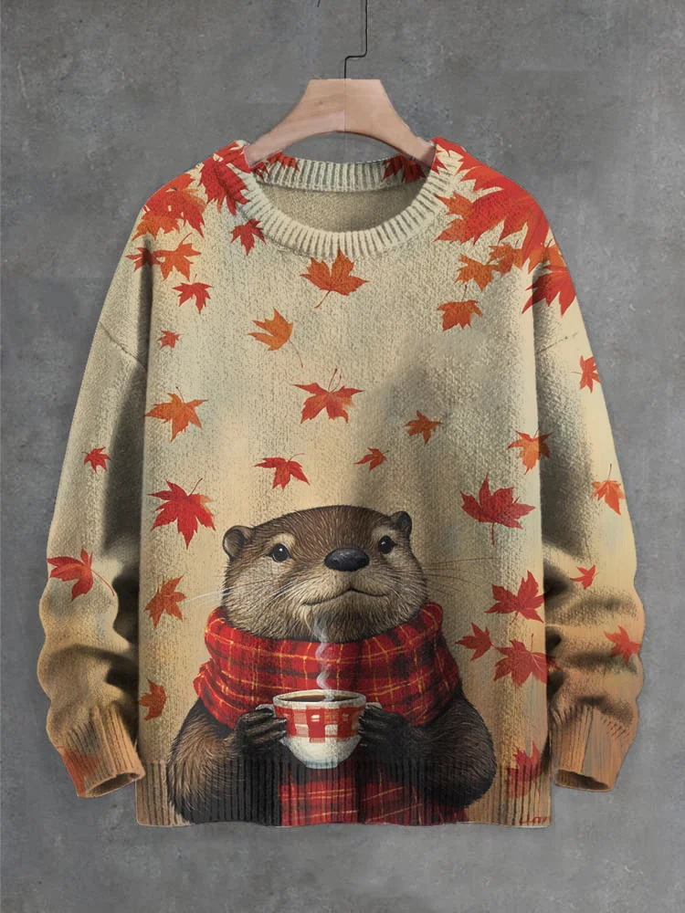Men's Fallen Leaves Otter Hot Coffee Print Knit Sweatshirt