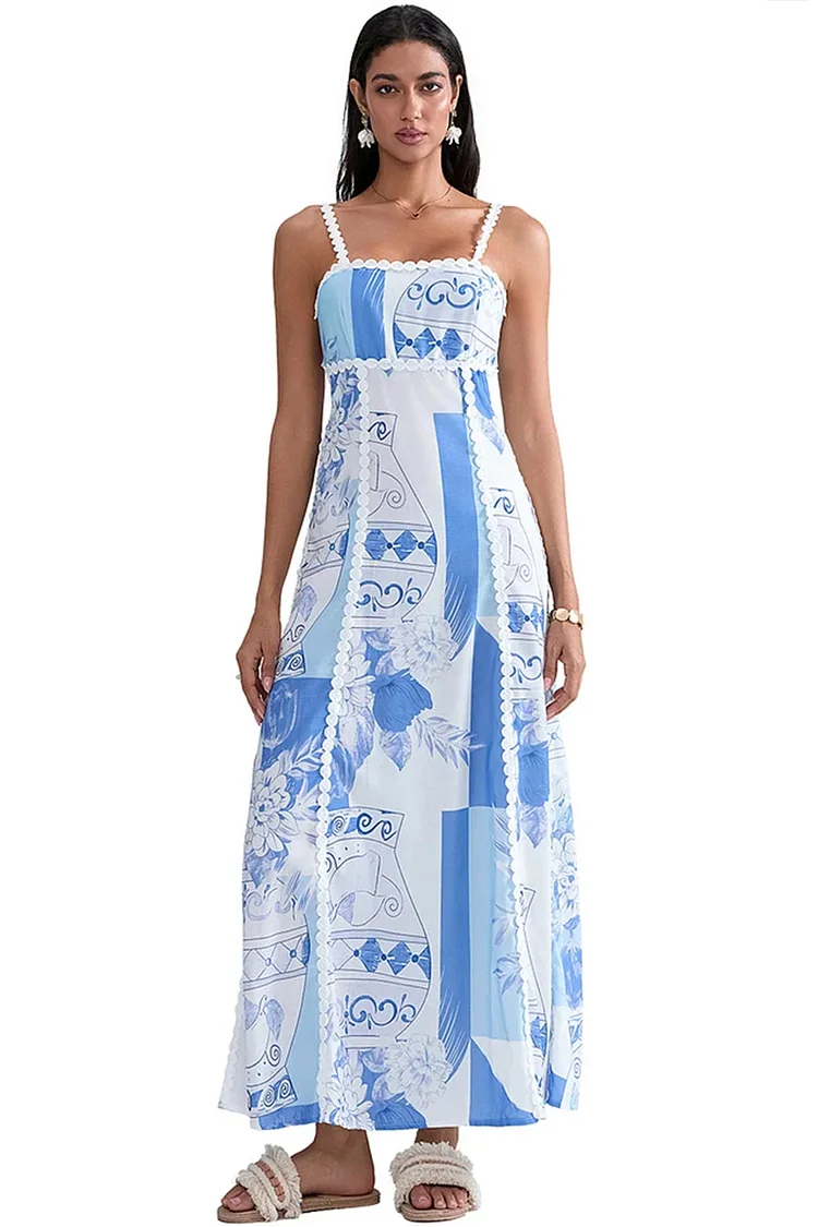Vacation Blue Floral Print Patchwork Square Neck Sleeveless Maxi Dress