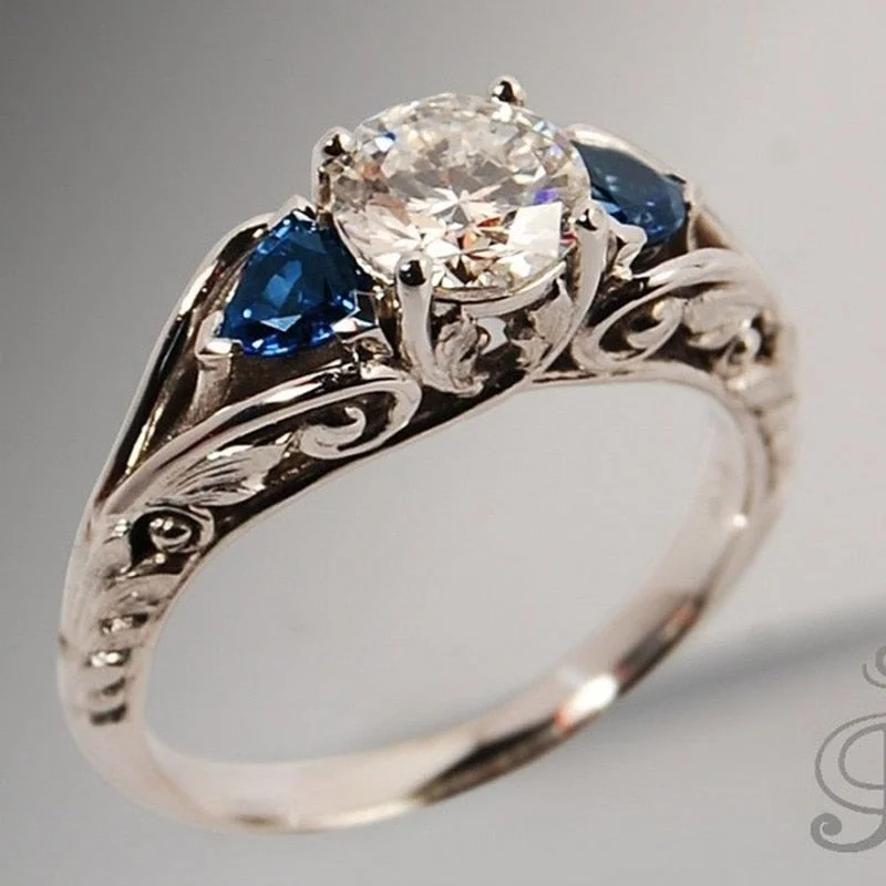 Vintage Metal Hand-engraved Pattern Ring Inlaid with Blue and White Zircon Women's Simple Daily Wear Ring