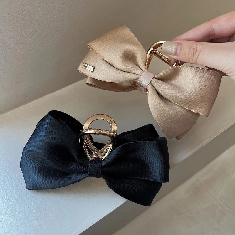 Textured Satin Bow Headdress Internet Celebrity Hairpin Female Back Head Updo Hair Clip Large High-grade Shark Clip