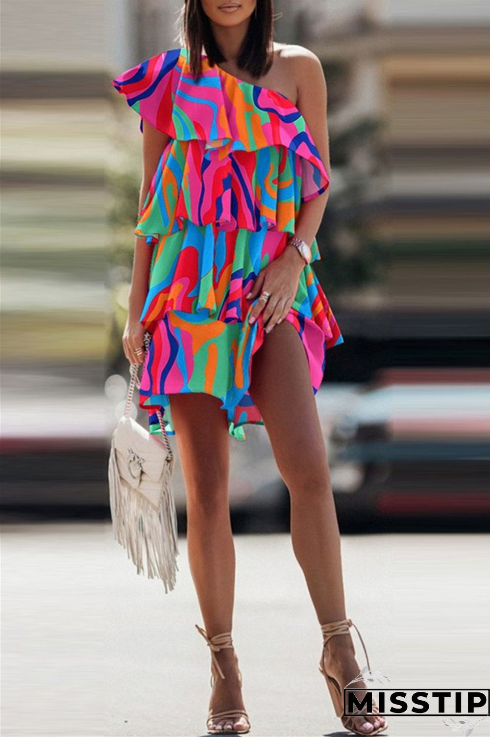 Blue Fashion Casual Print Patchwork Backless Oblique Collar Sleeveless Dress Dresses