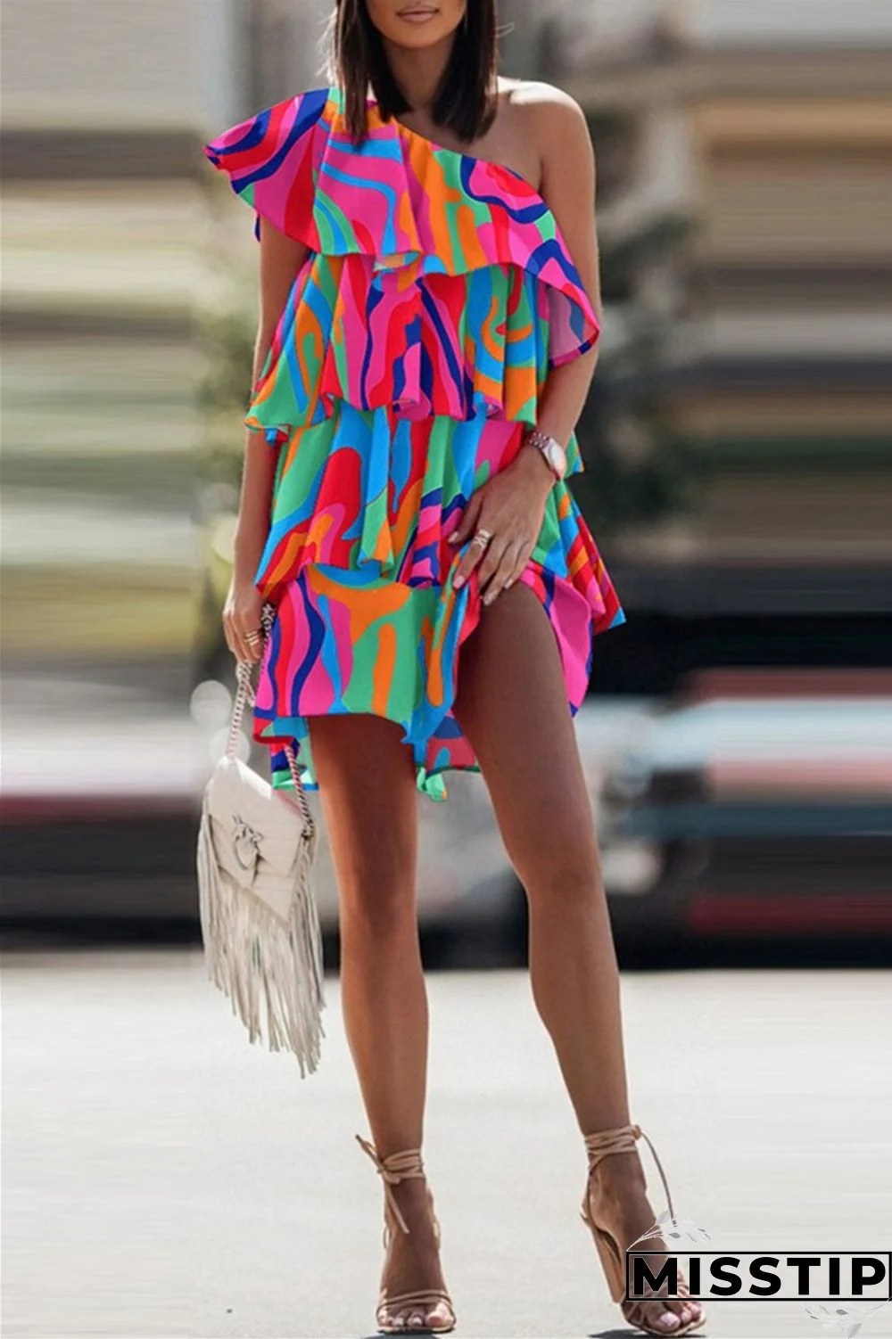 Blue Fashion Casual Print Patchwork Backless Oblique Collar Sleeveless Dress Dresses