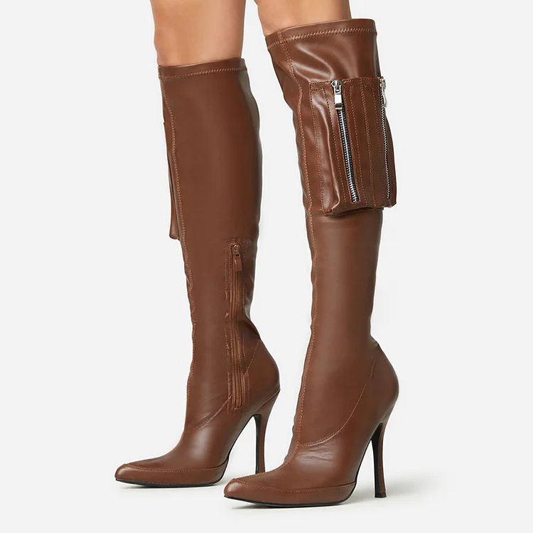 Brown Stiletto Heel Zipper Boot Vintage Pointed Toe Knee High Boots |FSJ Shoes