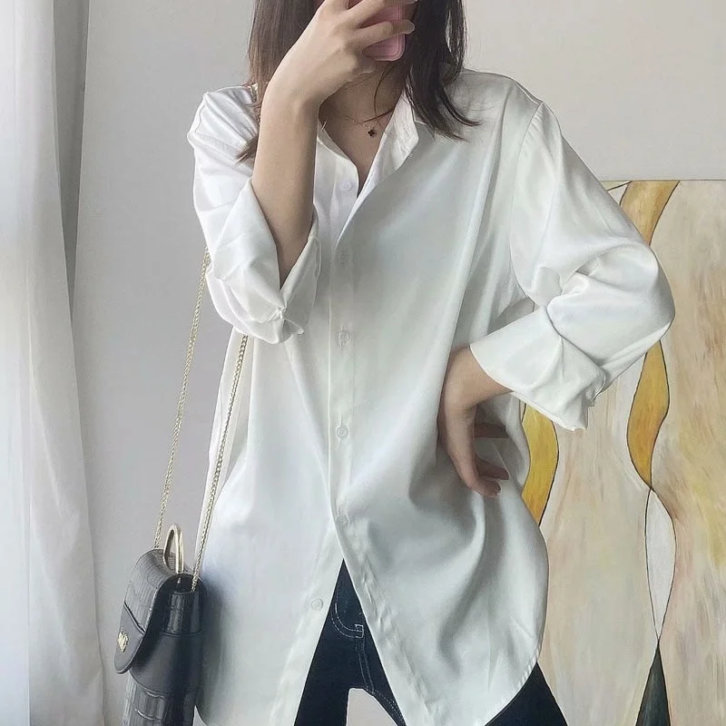 Spring Fashion Button Up Satin Silk Shirt Vintage Blouse Women White Tops Lady Long Sleeves Female Loose Street Shirts 11355