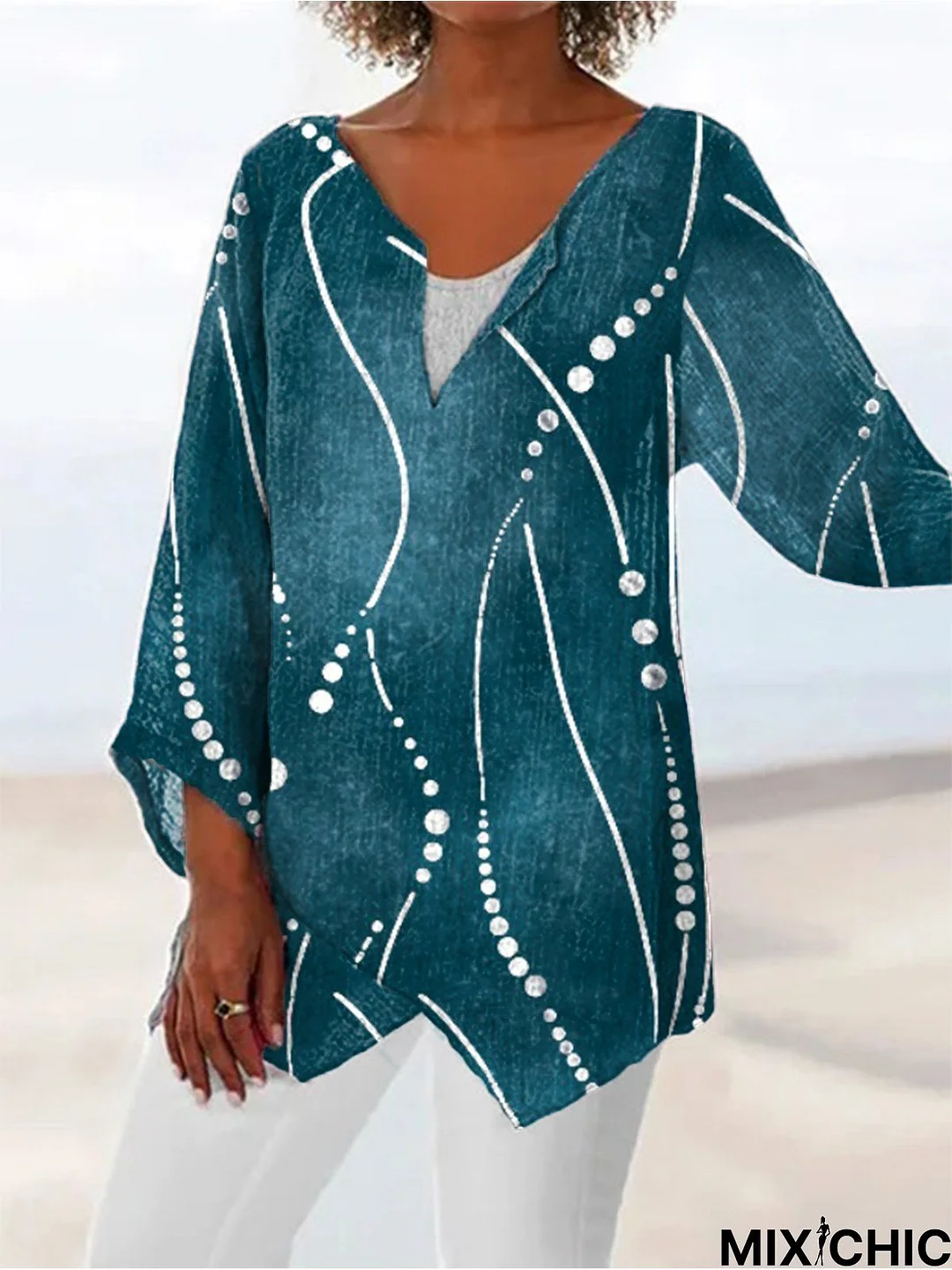 Casual Geometric V neck Loose Long Sleeve Top