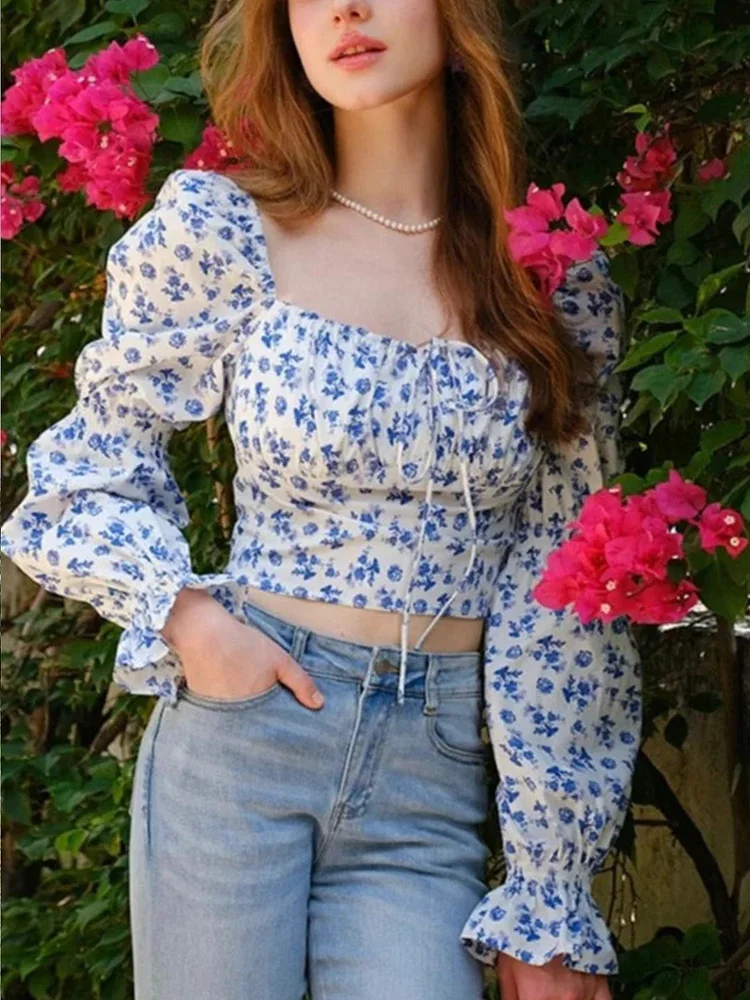 Square Neck Long Sleeve Short Printed Top