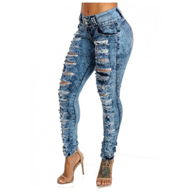 Women's Ripped High Waist Elastic Denim Jeans
