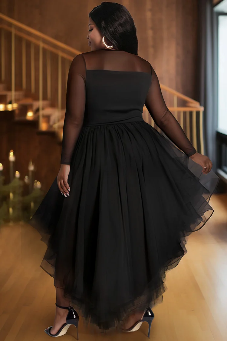Xpluswear Design Plus Size Cocktail Party Black V Neck Long Sleeve High Low Hem Ruffle Tulle Mini Dresses