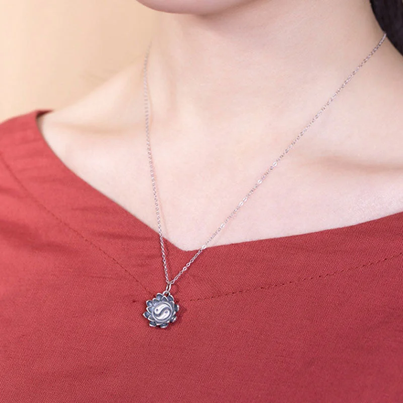 Lotus Yin Yang Pattern 925 Sterling Silver Enlightenment Necklace Pendant