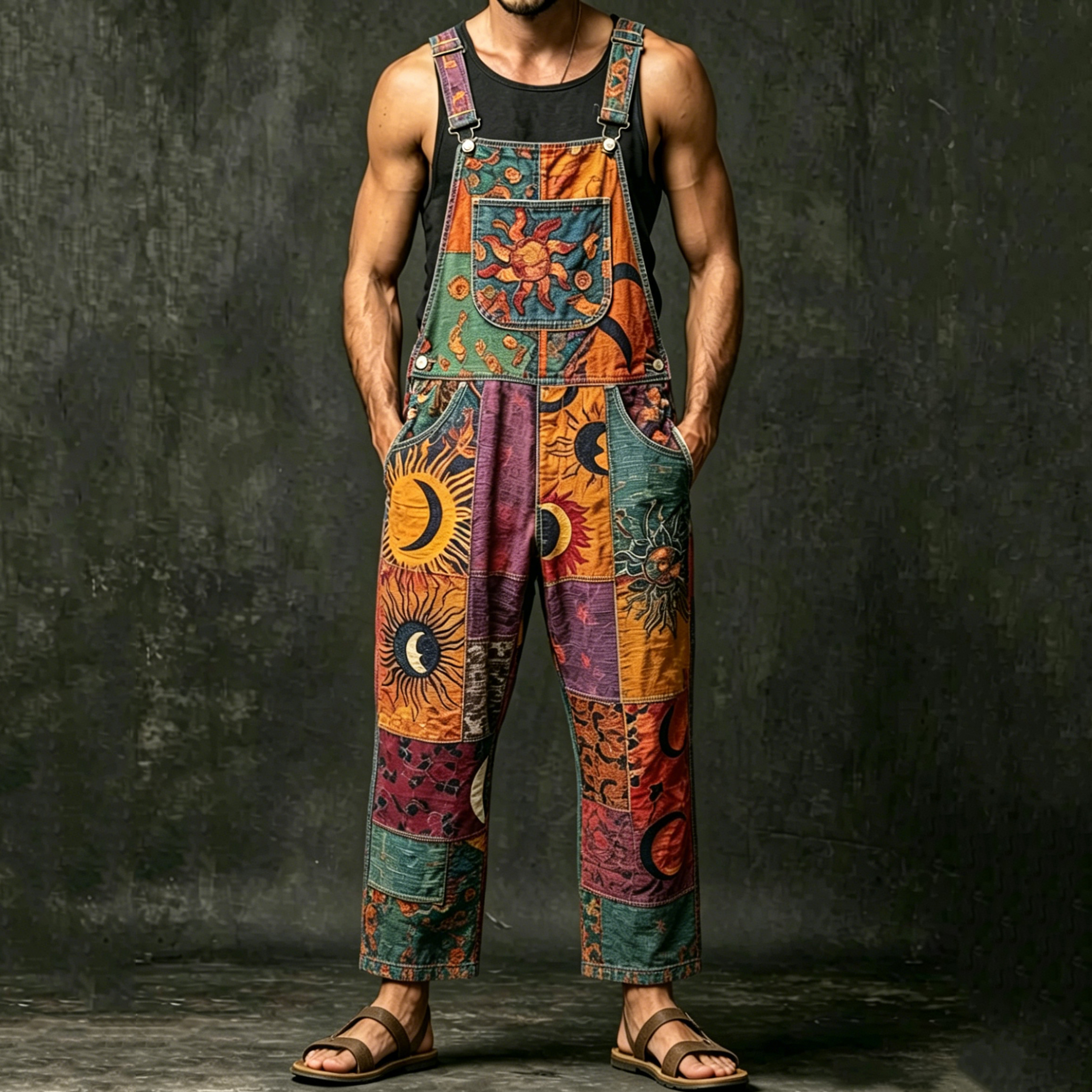 Comstylish Men's Sun, Moon And Stars Patchwork Art Jumpsuit