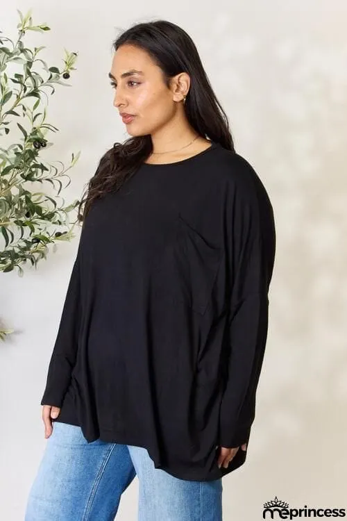 Zenana Full Size Round Neck Long Sleeve Top with Pocket