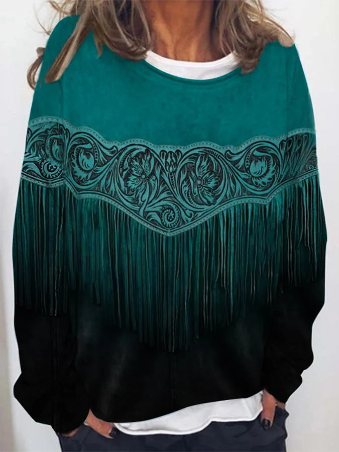 Western Vintage Turquoise Fringe Print Sweatshirt