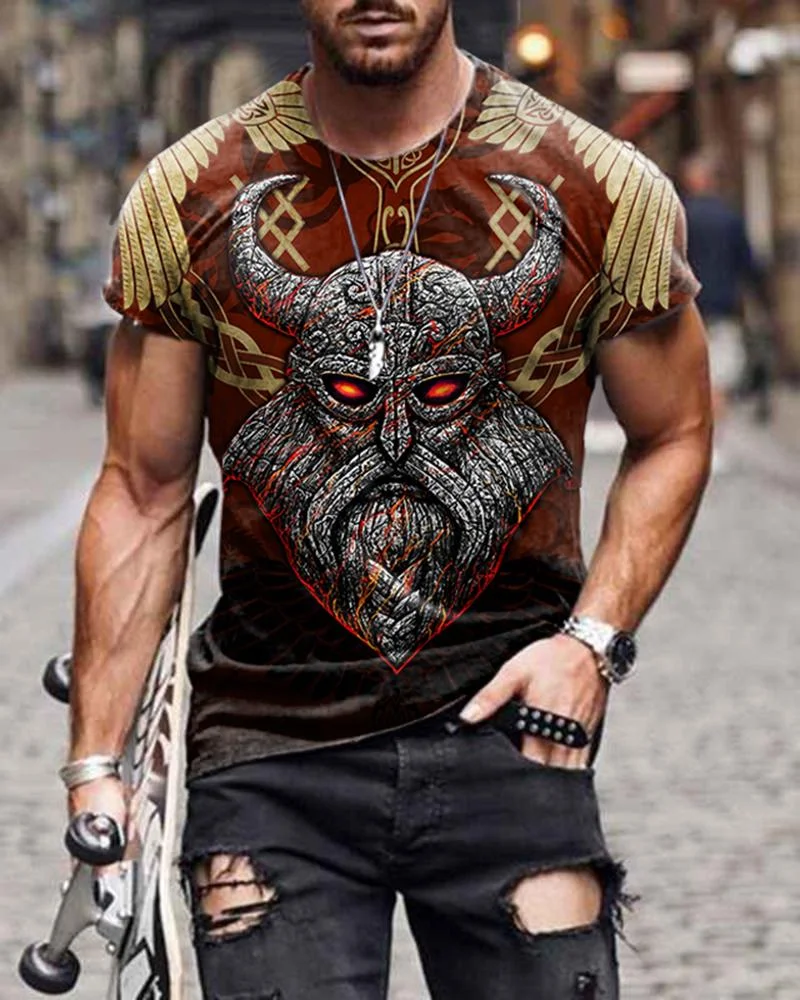 Slim-fit Short-sleeved Horn Stone Graphic Poker Casual T-shirt