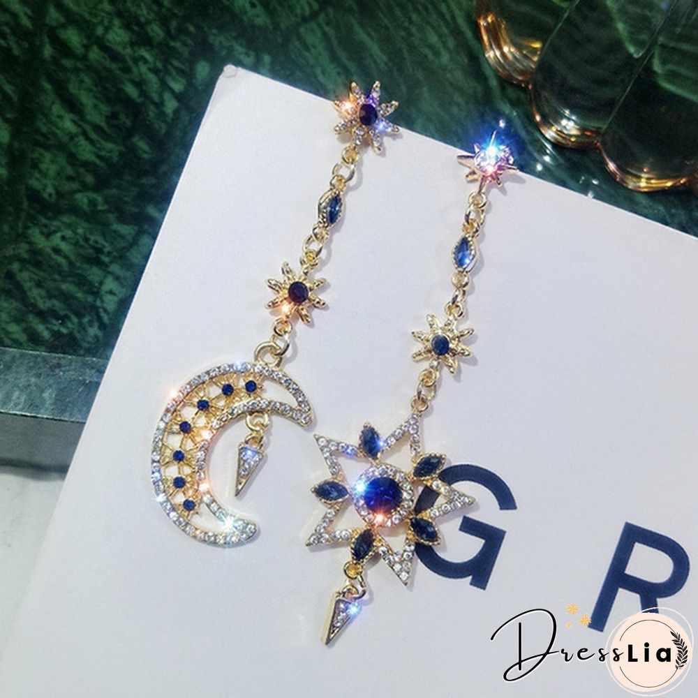 925 Silver Needle Asymmetry Long Star Moon Earrings Crystal Rhinestone Personality Tassel Elegant Shinny Earrings Girls Jewelry Gifts