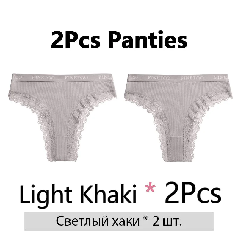 FINETOO 2Pcs/Set Cotton Panties for Women Sexy Ladies Lace G-string Solid Color Thongs Girls Plus Size M-2XL Underwear Lingerie