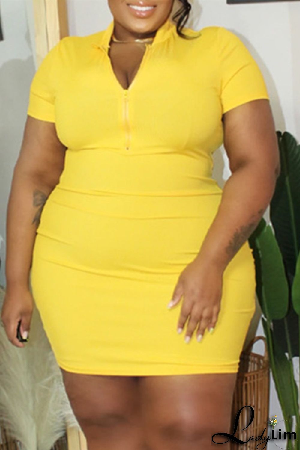 Rose Red Fashion Casual Plus Size Solid Basic Zipper Collar Short Sleeve Dress