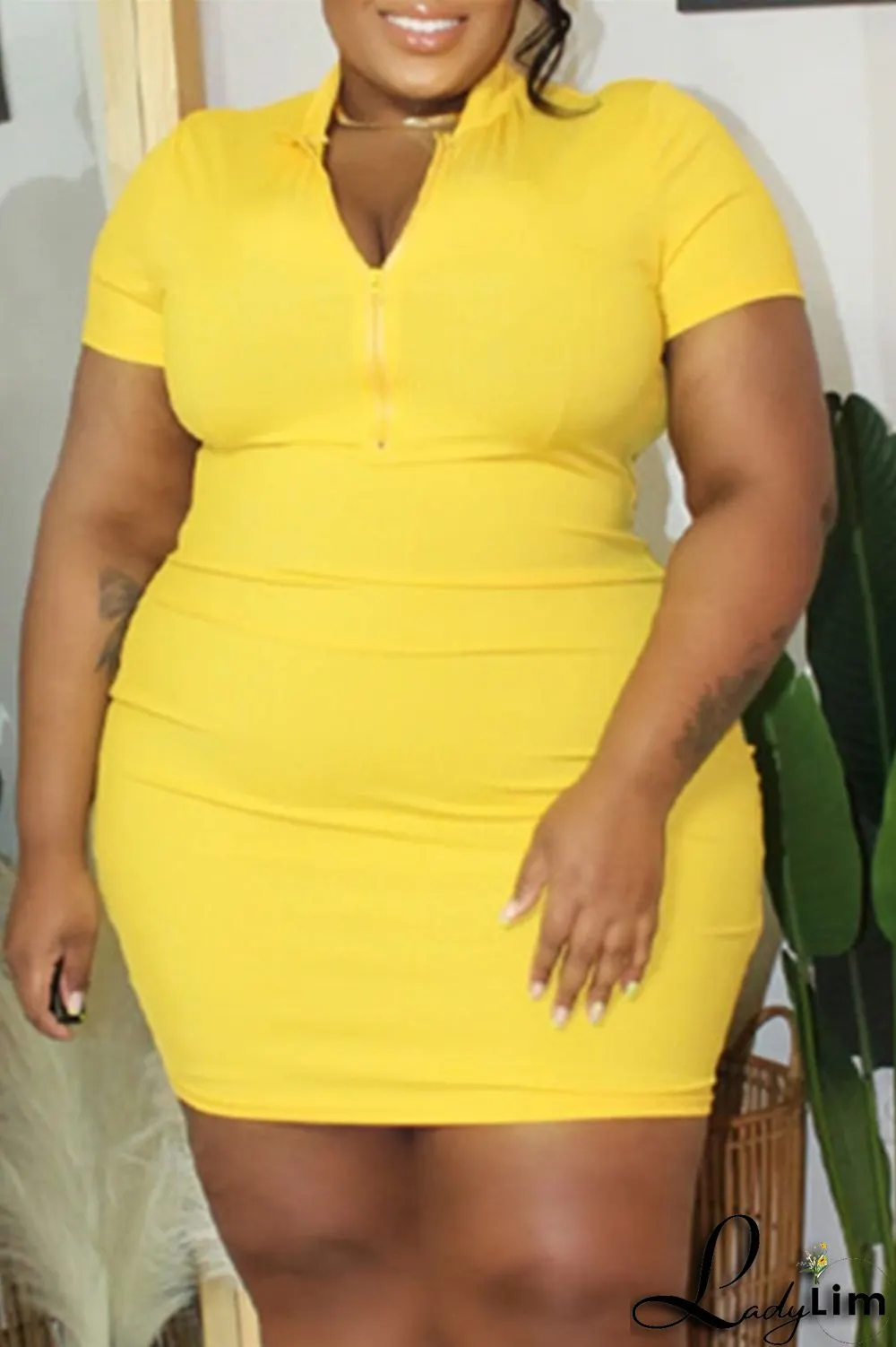 Rose Red Fashion Casual Plus Size Solid Basic Zipper Collar Short Sleeve Dress