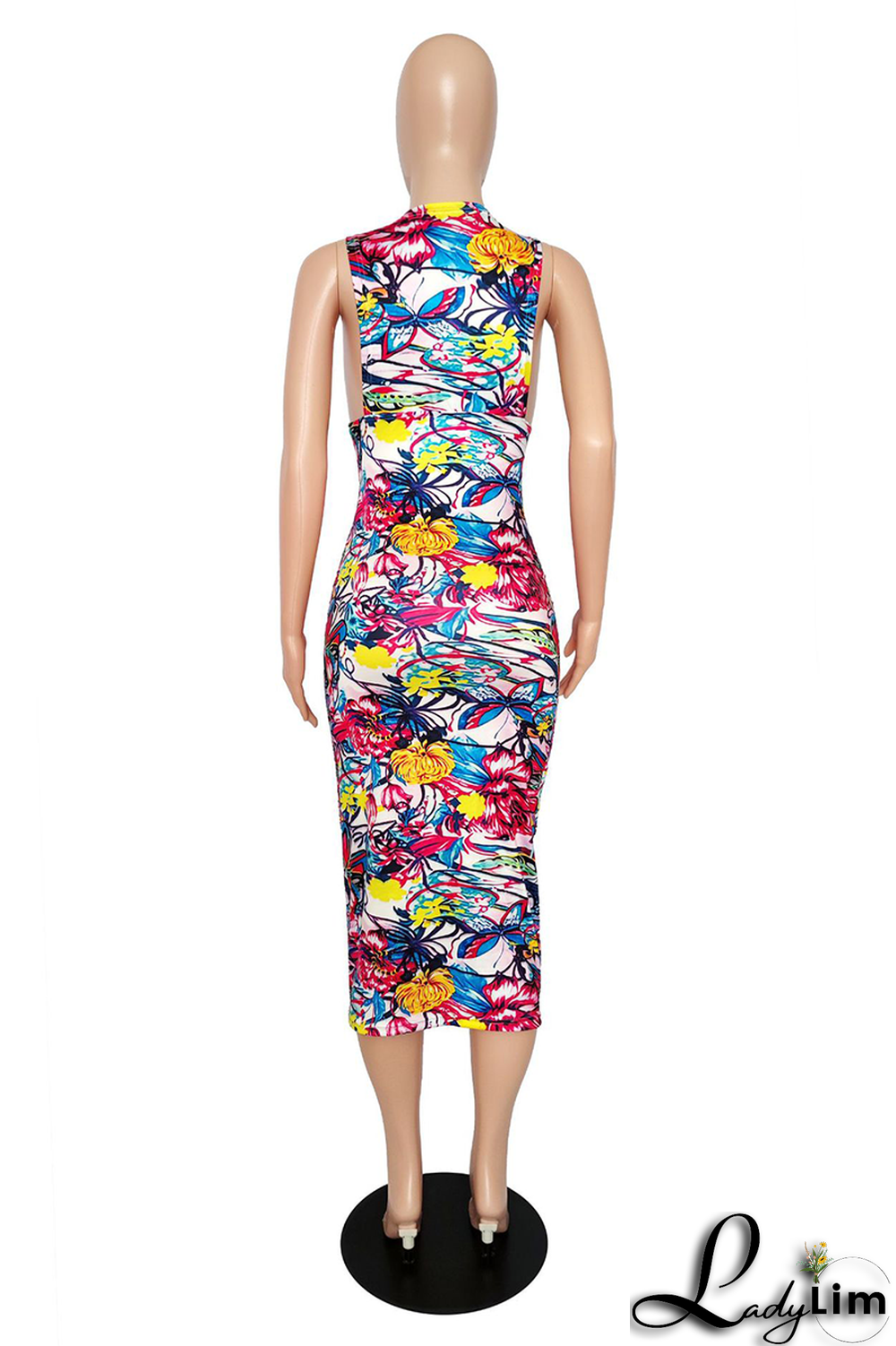 Pink Sexy Print Split Joint Halter Pencil Skirt Dresses