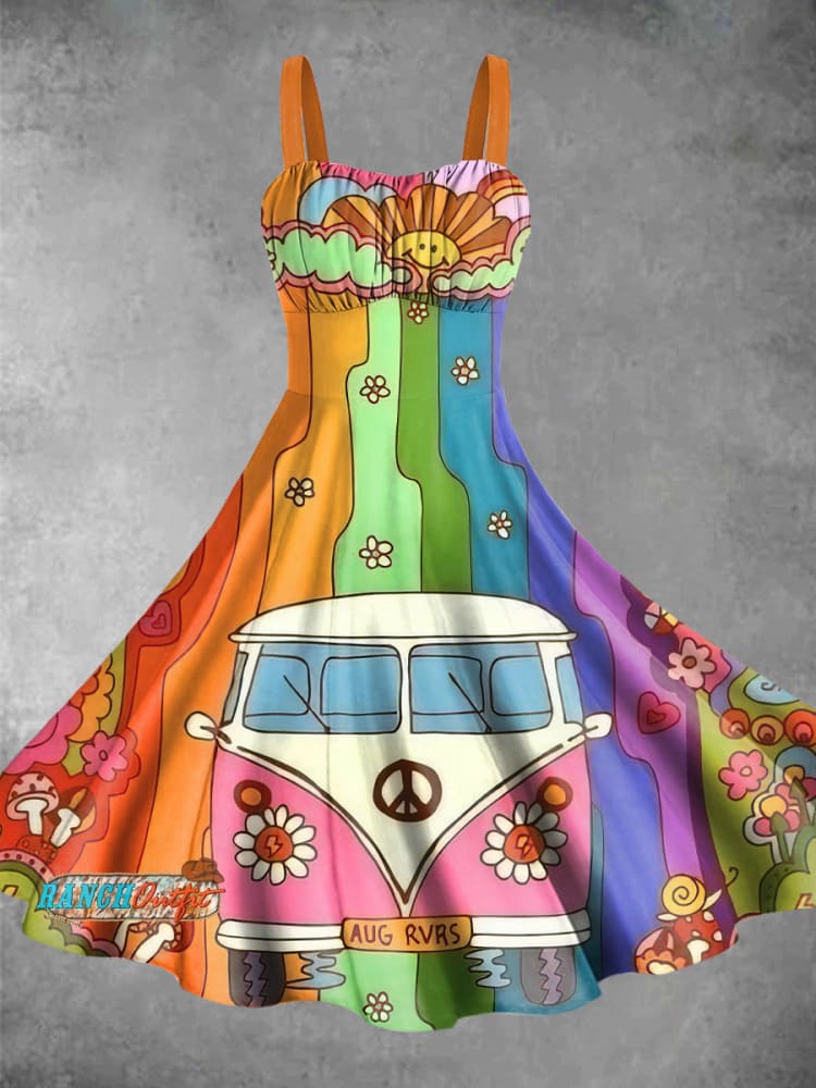Vintage Hippie Camper Van Print Backless Dress Colorful / S
