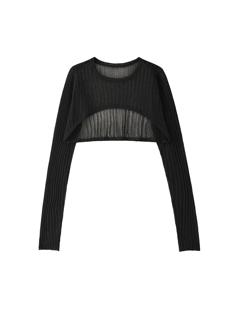 New Spring Autumn Stylish Korean Loose Casual Sexy Thin O-Neck Crop Tops long sleeve Blouse Knitted Pullovers Party Streetwear