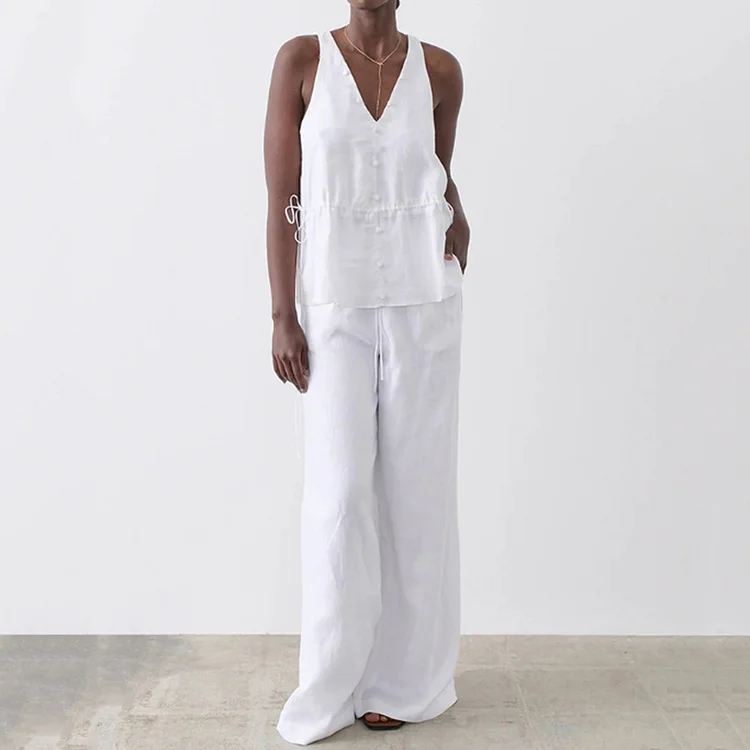 Casual Cotton Linen Vest Two-Piece Set