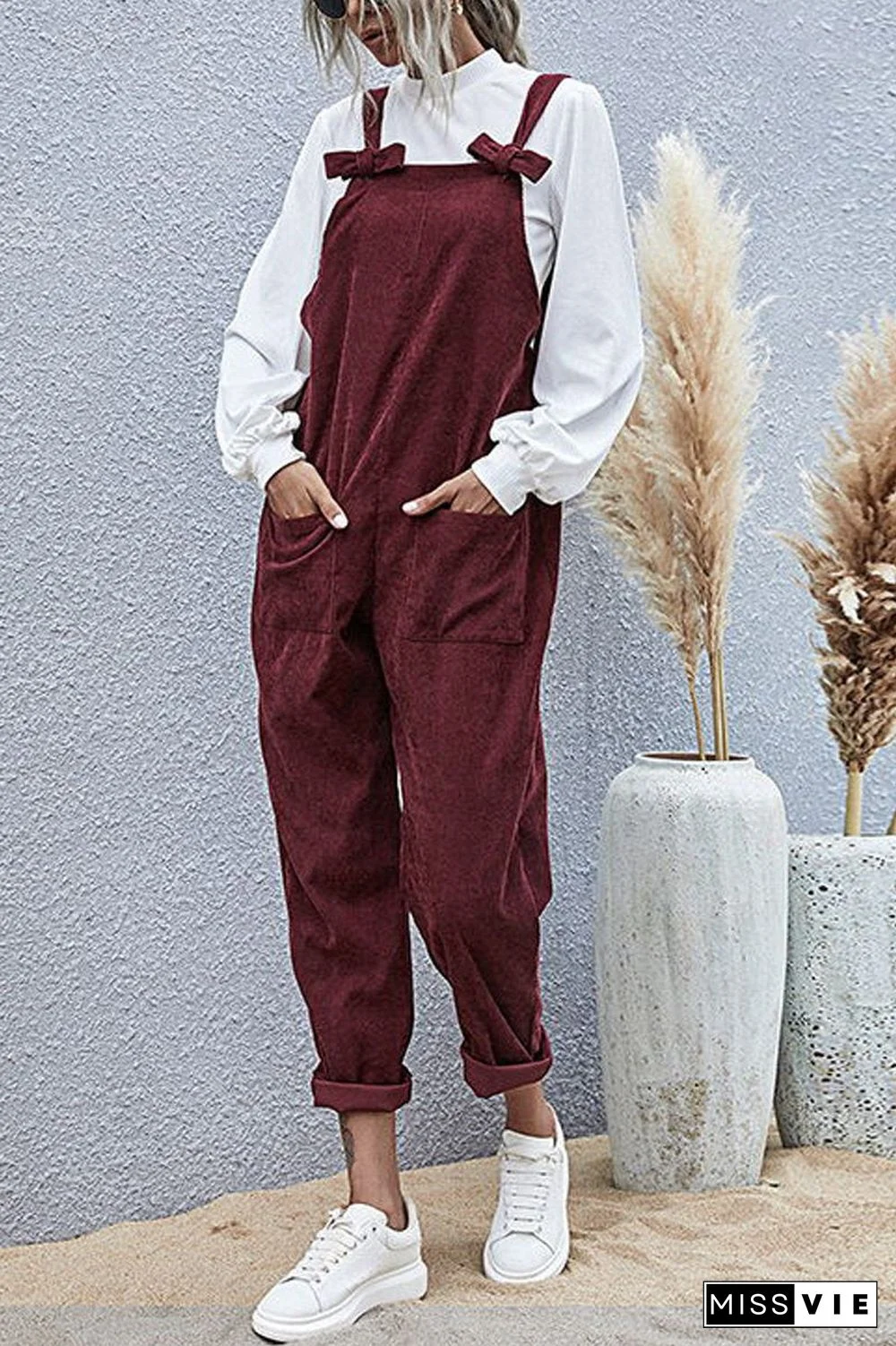 Solid Bowknot Double Pockets Overall