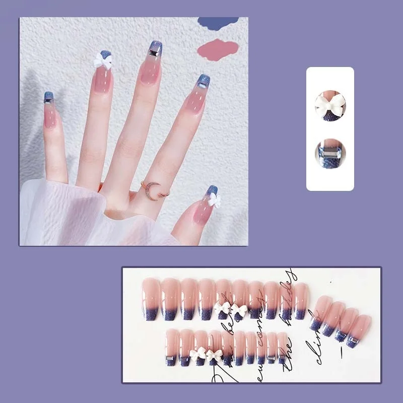 24PCS Gradient Purple False Nails Girls Sweet Style Shiny Bow Long Press on Nails Wearable Finished Nail Piece with Glue TY-Nail Inspo
