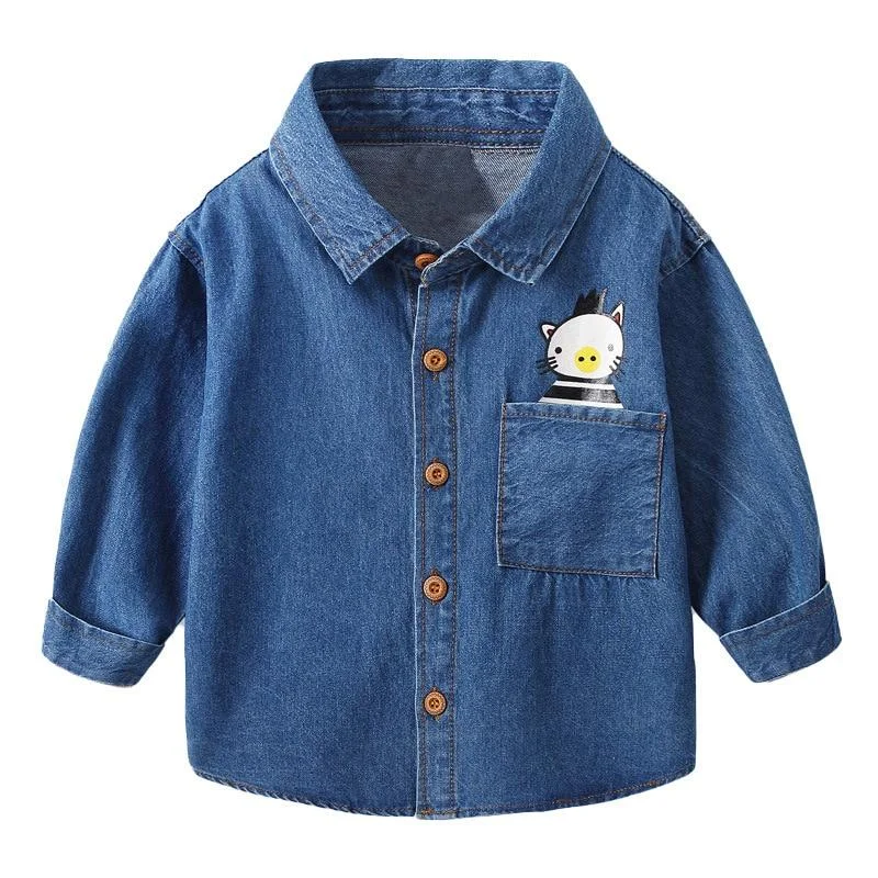 Mudkingdom Boys Denim Shirts Cute Cartoon Animal Pattern Fashion Boys Clothes
