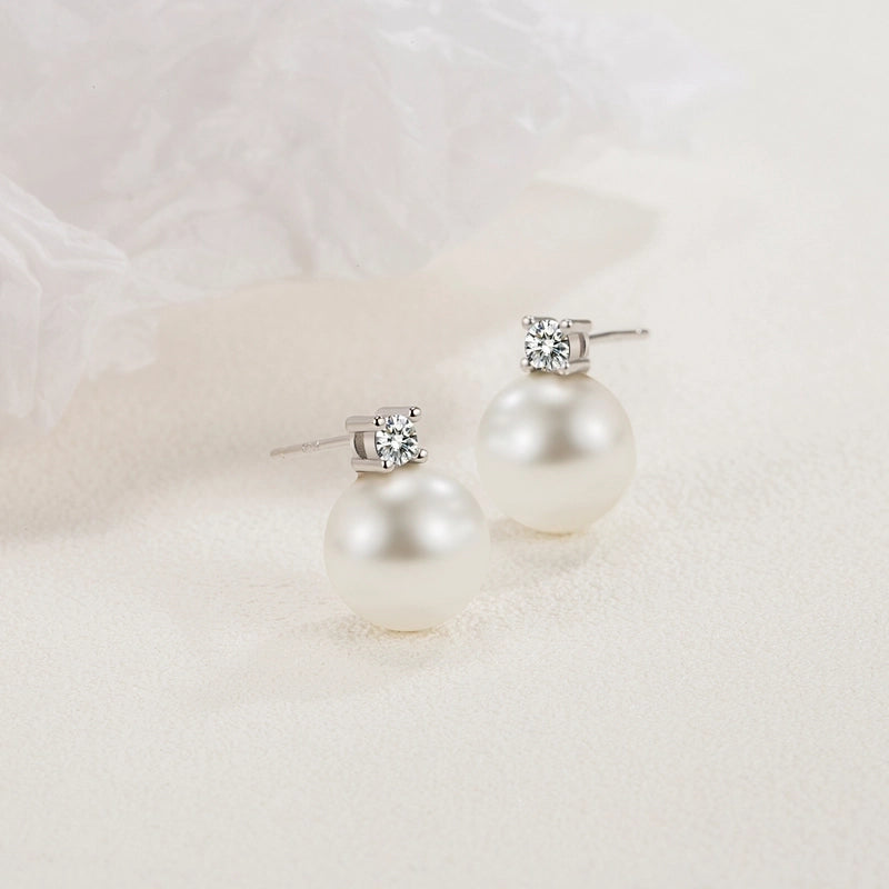1 Pair 925 Sterling Silver Shell Pearls 925 Sterling Silver Earrings Round Ear Studs