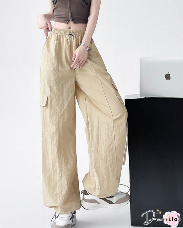 Retro Harajuku Pockets Cargo Pants Women Summer Loose High Waist Straight Trousers Korean