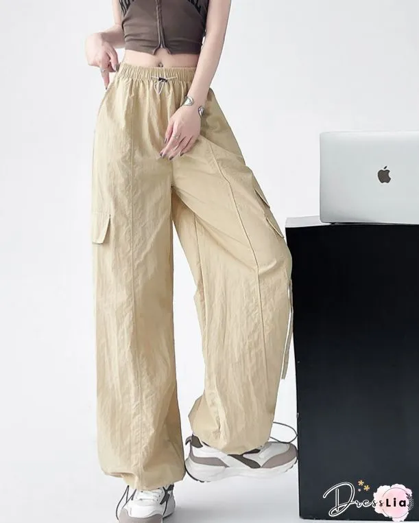 Retro Harajuku Pockets Cargo Pants Women Summer Loose High Waist Straight Trousers Korean